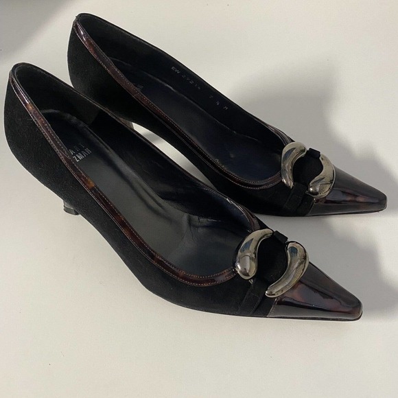 Stuart Weitzman Pump Black Suede Tortoise Shell Patent Trim Cap Point To… - Picture 2 of 10